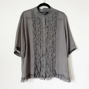 Norma Kamali Gray Ruffle Front Sheer Blouse Short Sleeve 2XL Career Party